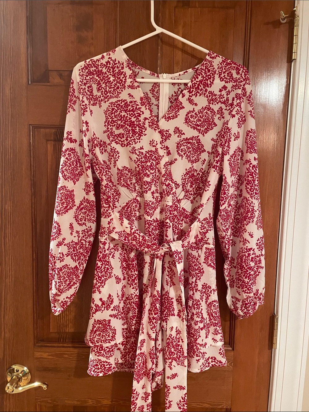 Cream and Red Floral Long-Sleeve Tie-Waist Dress Romper